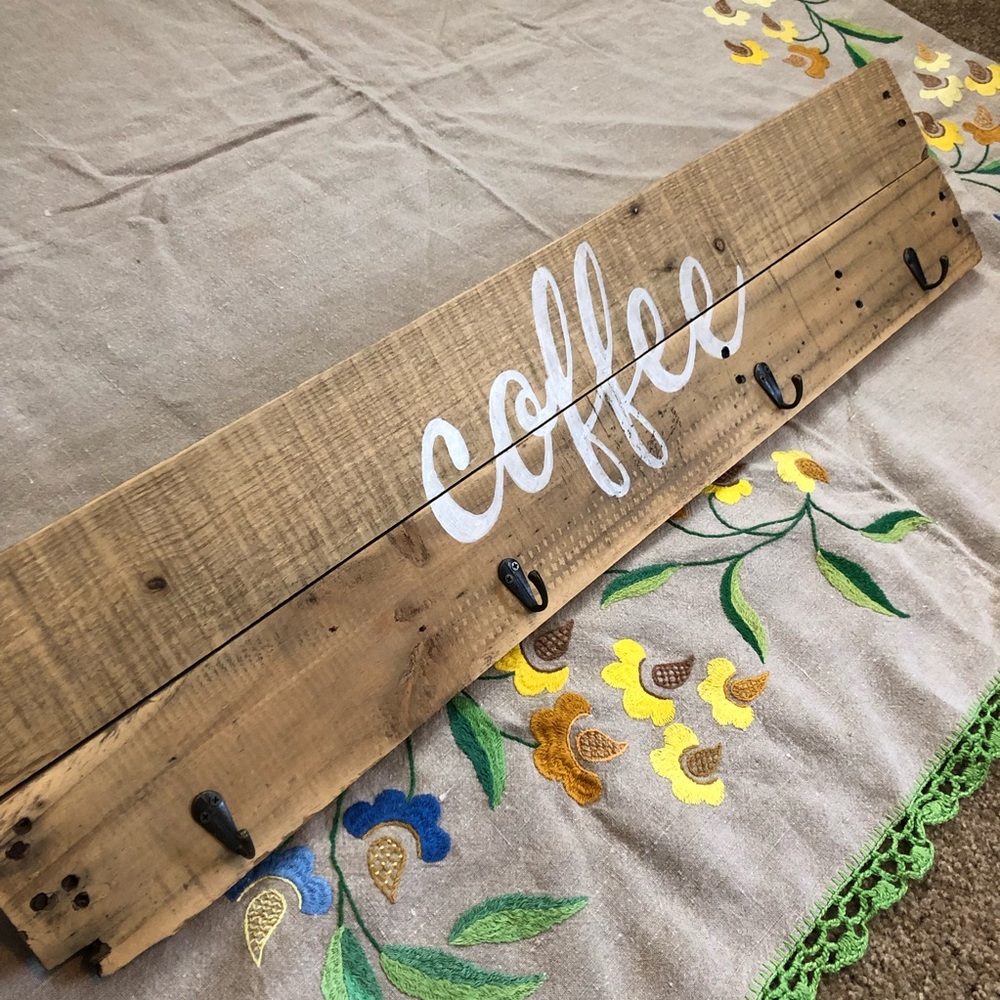 Reclaimed Wood Coffee Sign W Mug Hooks - Picture 4 of 5